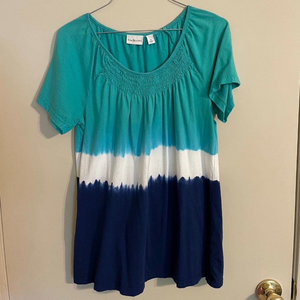 Kim Rogers Peasant Green, White, Navy Tie-Dye Top